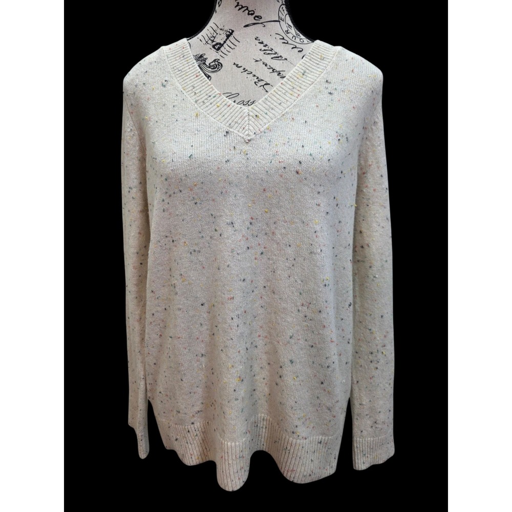 LOFT Speckled Flecked V-Neck Sweater Womens Size M Cream Beige Multicolor